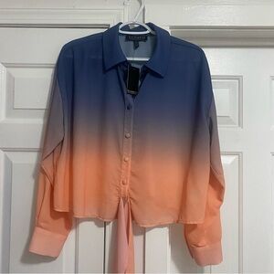 Elouquii Women's Blue and Orange Gradient Button Down Shirt